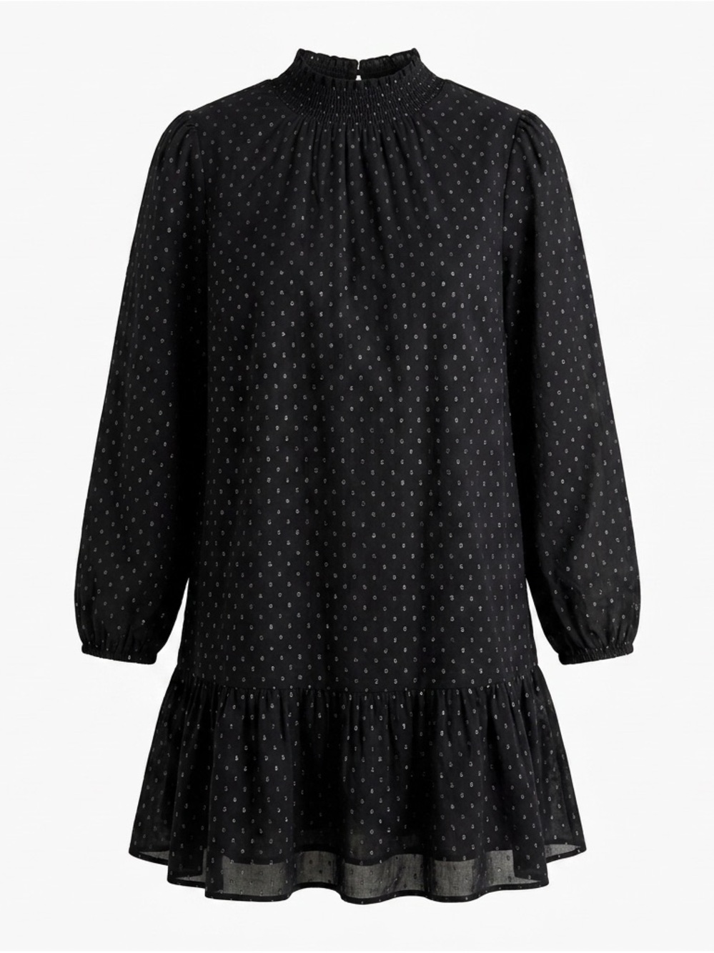 Gap Black Metallic Dot Smocked Mock Neck Long Sleeve Ruffle Whimsigoth Dress M/L